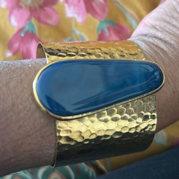 Gold Hammered Cuff Bracelet with Blue Stone - Picture 2 of 3